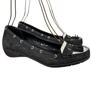 Lauren Ralph Lauren Gael Loafer Wedge Black Two Tone Nubuck Leather Shoes sz 9